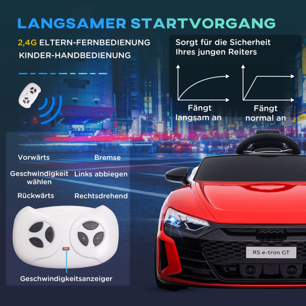 Rotes, robustes Elektroauto im lizenzierten AUDI RS e-tron GT Design, bietet sicheren Fahrspass für Kinder.