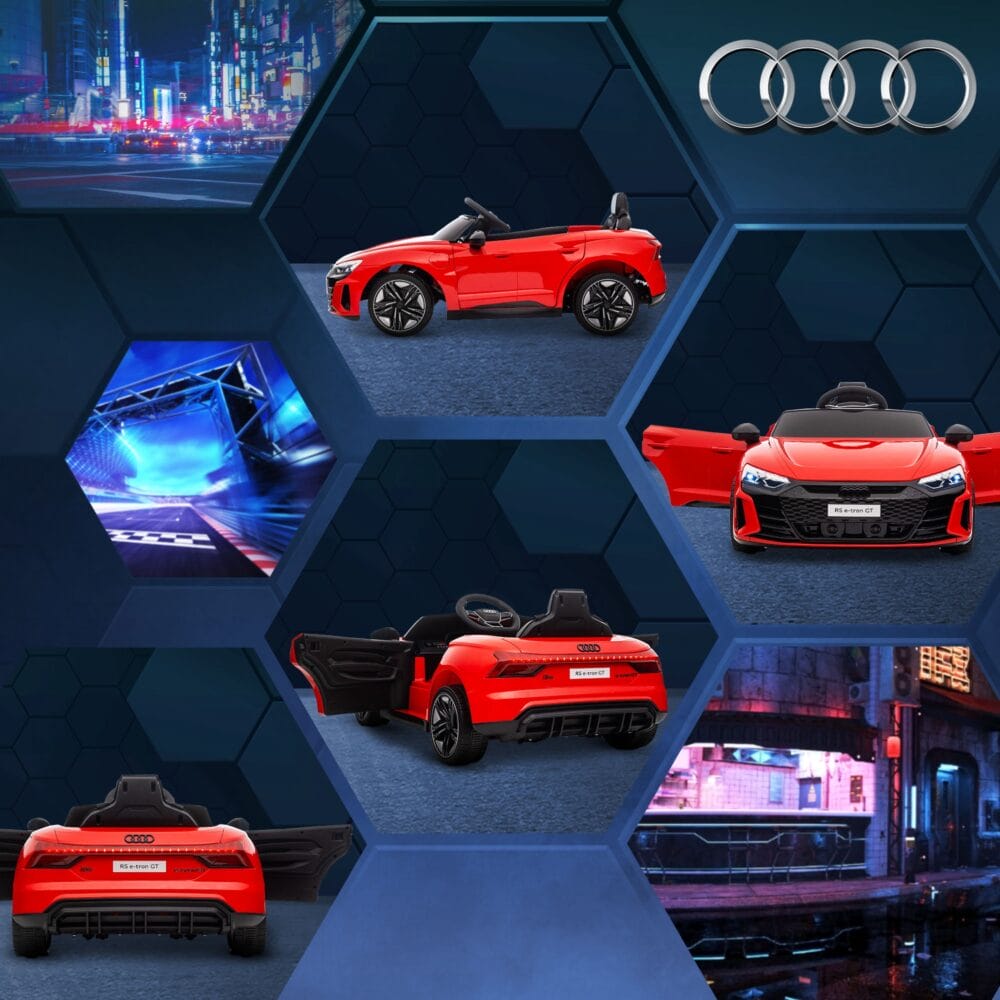 Rotes, robustes Elektroauto im lizenzierten AUDI RS e-tron GT Design, bietet sicheren Fahrspass für Kinder.