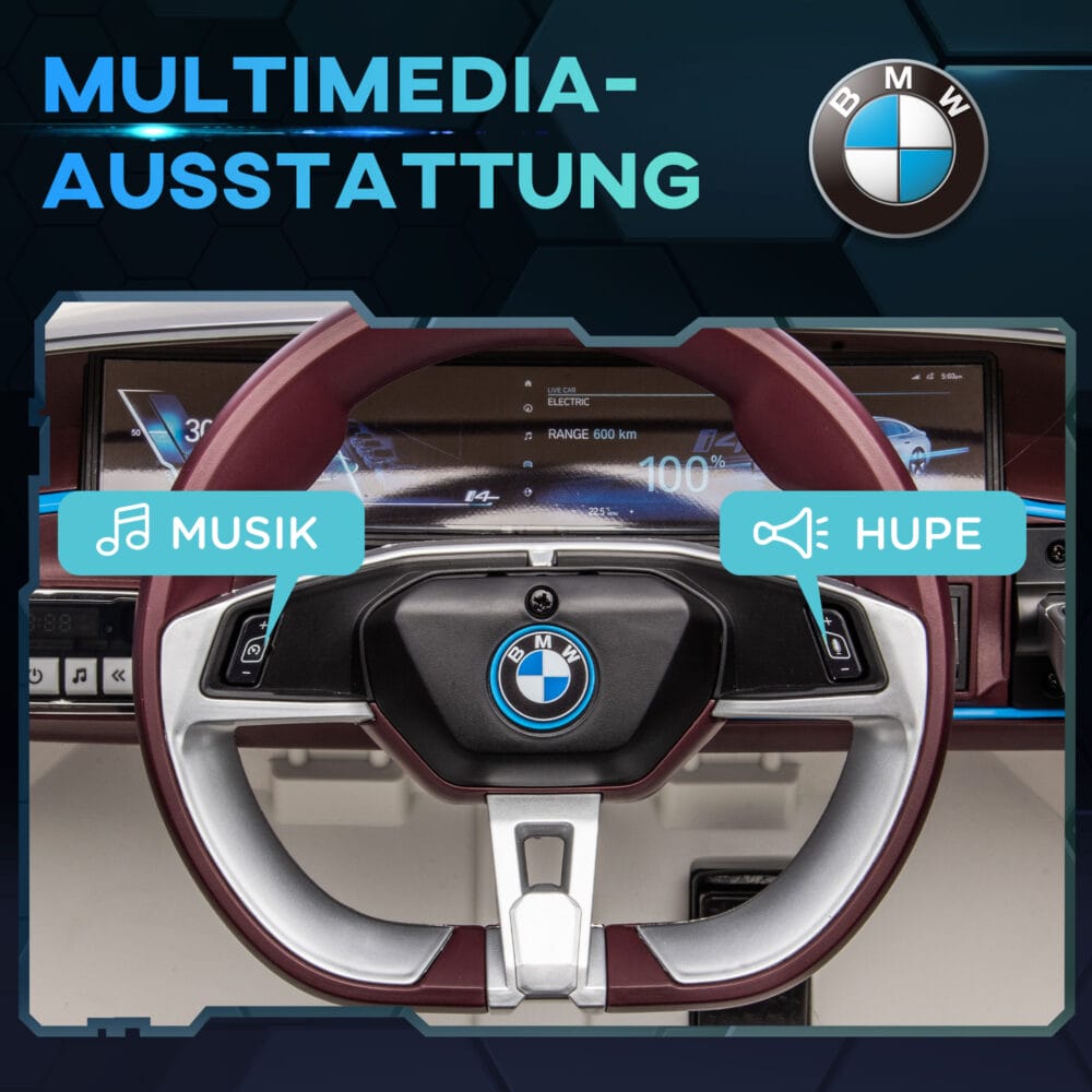 Weisses Elektroauto im lizenzierten BMW-Design mit Fernbedienung, ideal für Kinder von 3-5 Jahren. Bietet ein luxuriöses und sicheres Fahrerlebnis.