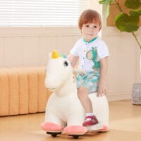 Weisses Kinder-Elektroauto in Einhornform, 6V und 2 km/h schnell, ideal für 1.5-3 Jahre. Ein magisches Fahrerlebnis für kleine Träumer.