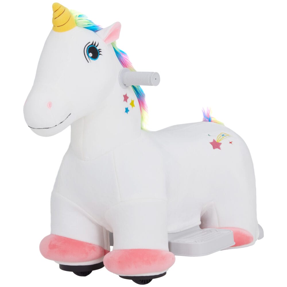 Weisses Kinder-Elektroauto in Einhornform, 6V und 2 km/h schnell, ideal für 1.5-3 Jahre. Ein magisches Fahrerlebnis für kleine Träumer.