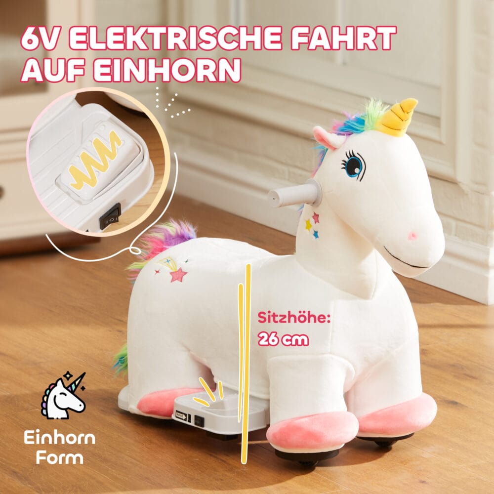 Weisses Kinder-Elektroauto in Einhornform, 6V und 2 km/h schnell, ideal für 1.5-3 Jahre. Ein magisches Fahrerlebnis für kleine Träumer.
