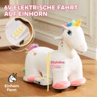 Weisses Kinder-Elektroauto in Einhornform, 6V und 2 km/h schnell, ideal für 1.5-3 Jahre. Ein magisches Fahrerlebnis für kleine Träumer.