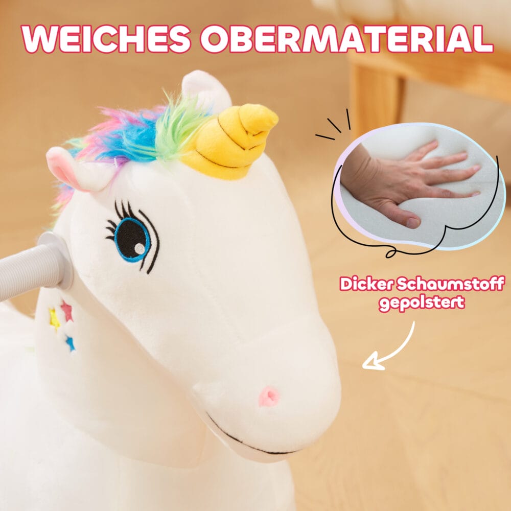 Weisses Kinder-Elektroauto in Einhornform, 6V und 2 km/h schnell, ideal für 1.5-3 Jahre. Ein magisches Fahrerlebnis für kleine Träumer.