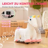 Weisses Kinder-Elektroauto in Einhornform, 6V und 2 km/h schnell, ideal für 1.5-3 Jahre. Ein magisches Fahrerlebnis für kleine Träumer.