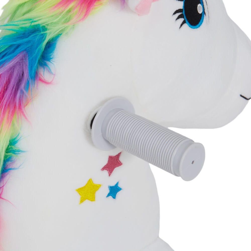 Weisses Kinder-Elektroauto in Einhornform, 6V und 2 km/h schnell, ideal für 1.5-3 Jahre. Ein magisches Fahrerlebnis für kleine Träumer.