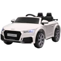 Weisses Elektroauto als Kinderfahrzeug mit 12V Akku, 2.4G Fernbedienung und integrierter Musikfunktion. Es bietet ein realistisches Fahrerlebnis für Kinder.