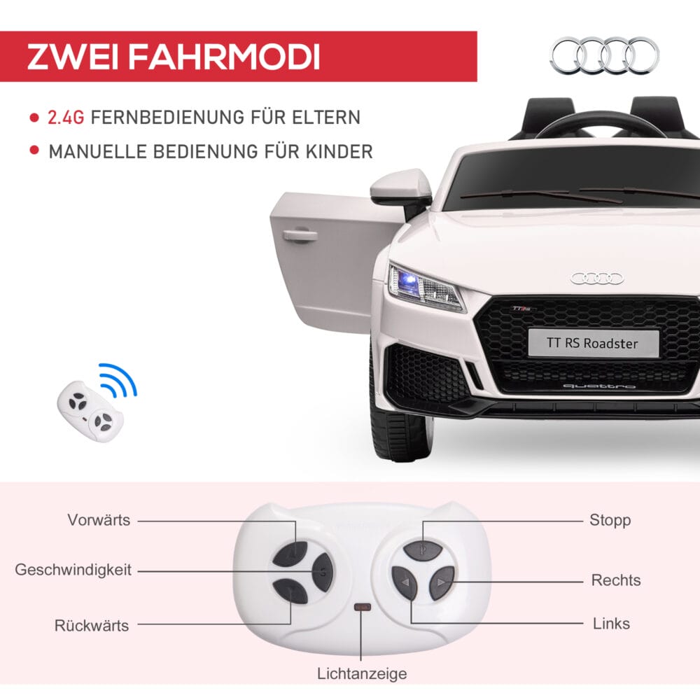 Weisses Elektroauto als Kinderfahrzeug mit 12V Akku, 2.4G Fernbedienung und integrierter Musikfunktion. Es bietet ein realistisches Fahrerlebnis für Kinder.