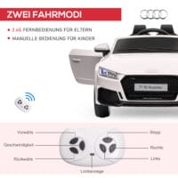 Weisses Elektroauto als Kinderfahrzeug mit 12V Akku, 2.4G Fernbedienung und integrierter Musikfunktion. Es bietet ein realistisches Fahrerlebnis für Kinder.
