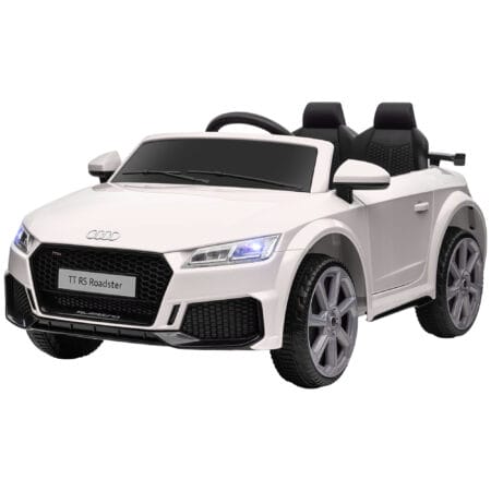 Weisses Elektroauto als Kinderfahrzeug mit 12V Akku, 2.4G Fernbedienung und integrierter Musikfunktion. Es bietet ein realistisches Fahrerlebnis für Kinder.