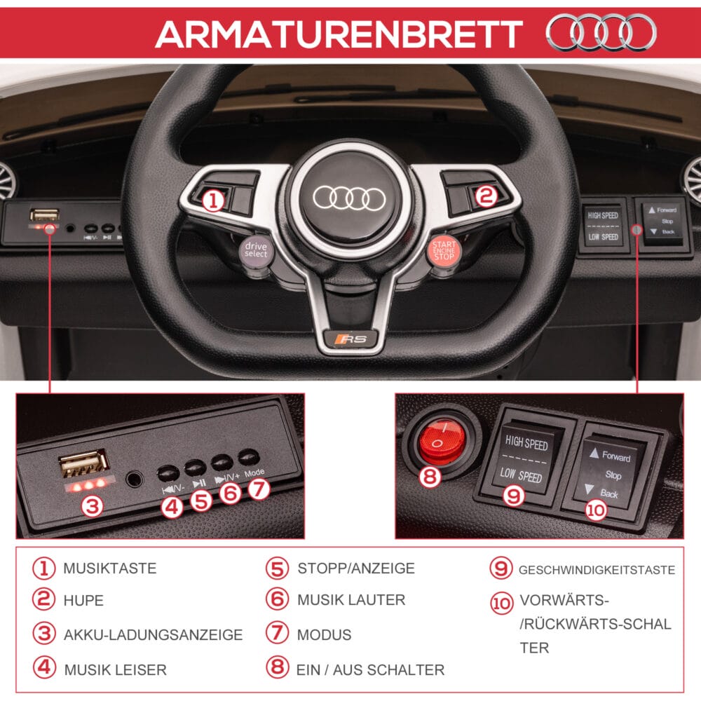 Weisses Elektroauto als Kinderfahrzeug mit 12V Akku, 2.4G Fernbedienung und integrierter Musikfunktion. Es bietet ein realistisches Fahrerlebnis für Kinder.