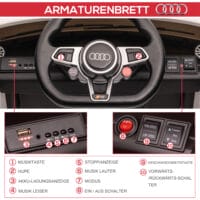 Weisses Elektroauto als Kinderfahrzeug mit 12V Akku, 2.4G Fernbedienung und integrierter Musikfunktion. Es bietet ein realistisches Fahrerlebnis für Kinder.