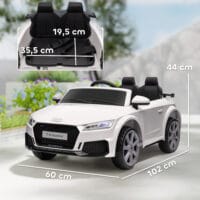 Weisses Elektroauto als Kinderfahrzeug mit 12V Akku, 2.4G Fernbedienung und integrierter Musikfunktion. Es bietet ein realistisches Fahrerlebnis für Kinder.