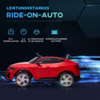 Rotes Elektroauto als Kinderfahrzeug mit einer Geschwindigkeit von 3-5 km/h und Sicherheitsgurt für sicheres Fahren.