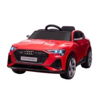 Rotes Elektroauto als Kinderfahrzeug mit einer Geschwindigkeit von 3-5 km/h und Sicherheitsgurt für sicheres Fahren.