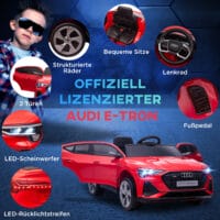 Rotes Elektroauto als Kinderfahrzeug mit einer Geschwindigkeit von 3-5 km/h und Sicherheitsgurt für sicheres Fahren.