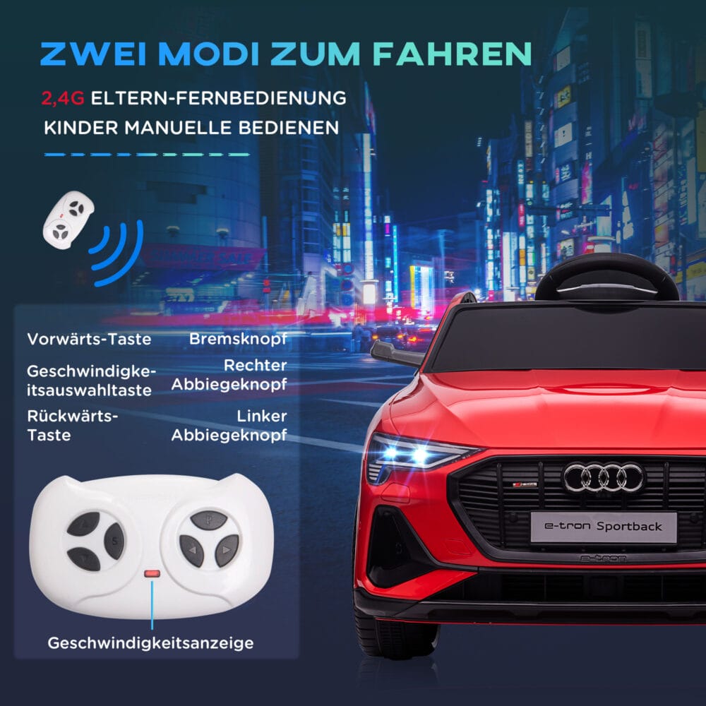Rotes Elektroauto als Kinderfahrzeug mit einer Geschwindigkeit von 3-5 km/h und Sicherheitsgurt für sicheres Fahren.