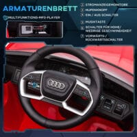 Rotes Elektroauto als Kinderfahrzeug mit einer Geschwindigkeit von 3-5 km/h und Sicherheitsgurt für sicheres Fahren.