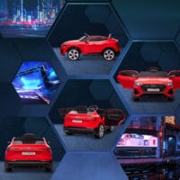 Rotes Elektroauto als Kinderfahrzeug mit einer Geschwindigkeit von 3-5 km/h und Sicherheitsgurt für sicheres Fahren.