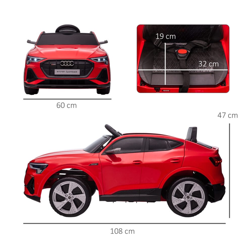Rotes Elektroauto als Kinderfahrzeug mit einer Geschwindigkeit von 3-5 km/h und Sicherheitsgurt für sicheres Fahren.