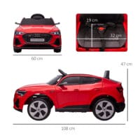 Rotes Elektroauto als Kinderfahrzeug mit einer Geschwindigkeit von 3-5 km/h und Sicherheitsgurt für sicheres Fahren.