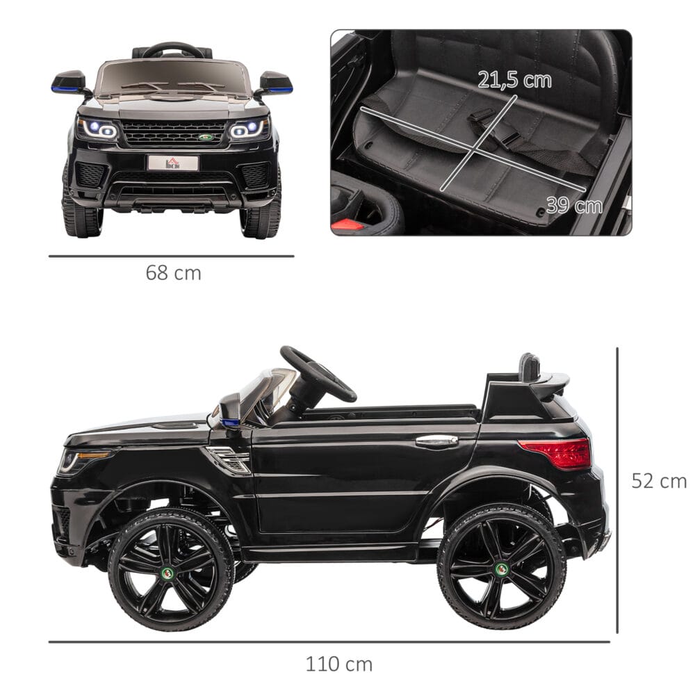 Schwarzes, stylisches Elektroauto als Kinderfahrzeug mit Musik und Hupe, bietet sicheres und unterhaltsames Fahren.