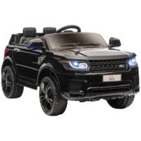 Schwarzes, stylisches Elektroauto als Kinderfahrzeug mit Musik und Hupe, bietet sicheres und unterhaltsames Fahren.