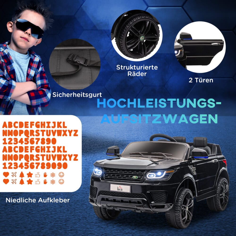 Schwarzes, stylisches Elektroauto als Kinderfahrzeug mit Musik und Hupe, bietet sicheres und unterhaltsames Fahren.