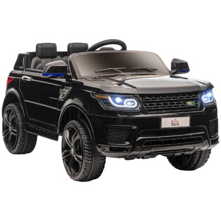 Schwarzes, stylisches Elektroauto als Kinderfahrzeug mit Musik und Hupe, bietet sicheres und unterhaltsames Fahren.