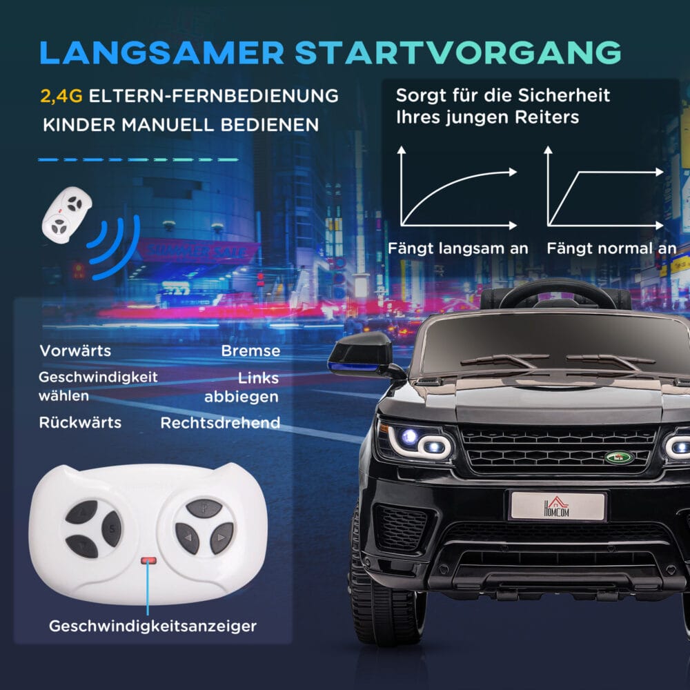 Schwarzes, stylisches Elektroauto als Kinderfahrzeug mit Musik und Hupe, bietet sicheres und unterhaltsames Fahren.