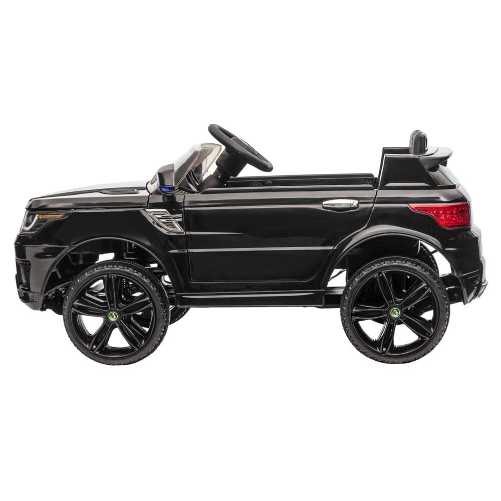 Schwarzes, stylisches Elektroauto als Kinderfahrzeug mit Musik und Hupe, bietet sicheres und unterhaltsames Fahren.