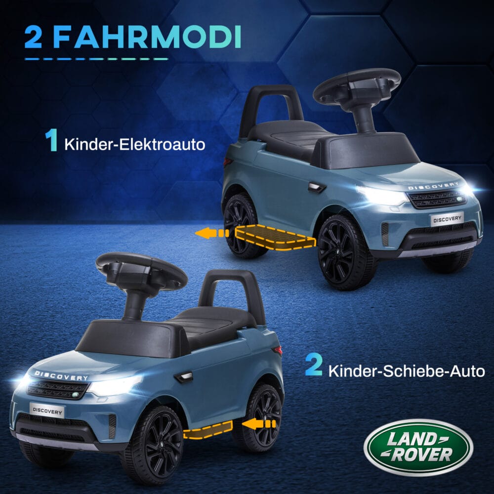 Hellblaues 2-in-1 Elektroauto im Land Rover Design, wächst mit dem Kind von 1.5-5 Jahren mit und bietet vielseitigen Fahrspass.