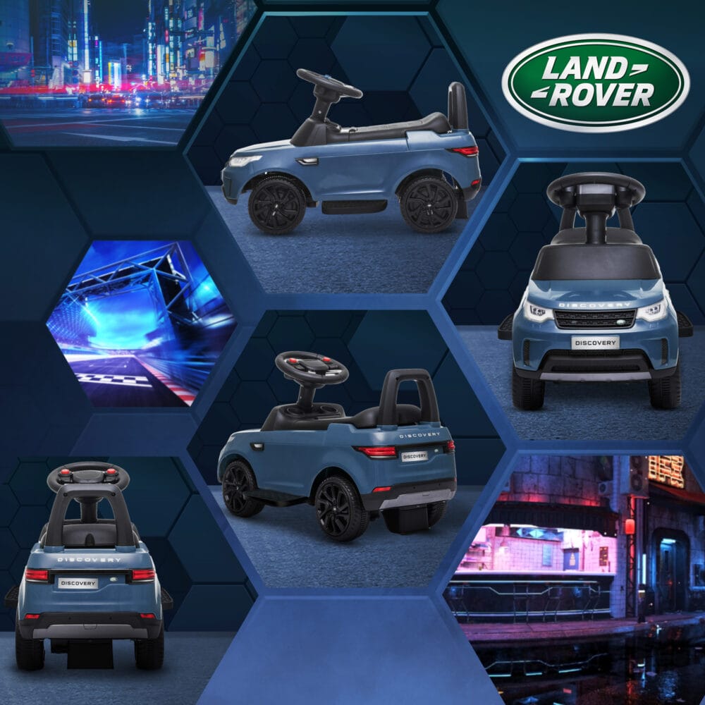 Hellblaues 2-in-1 Elektroauto im Land Rover Design, wächst mit dem Kind von 1.5-5 Jahren mit und bietet vielseitigen Fahrspass.