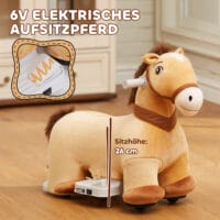 Braunes Kinder-Elektroauto in Pferdform, 6V und 2 km/h schnell, ideal für 1.5-3 Jahre. Ein bezauberndes Spielzeug für fantasievolle Ausritte.