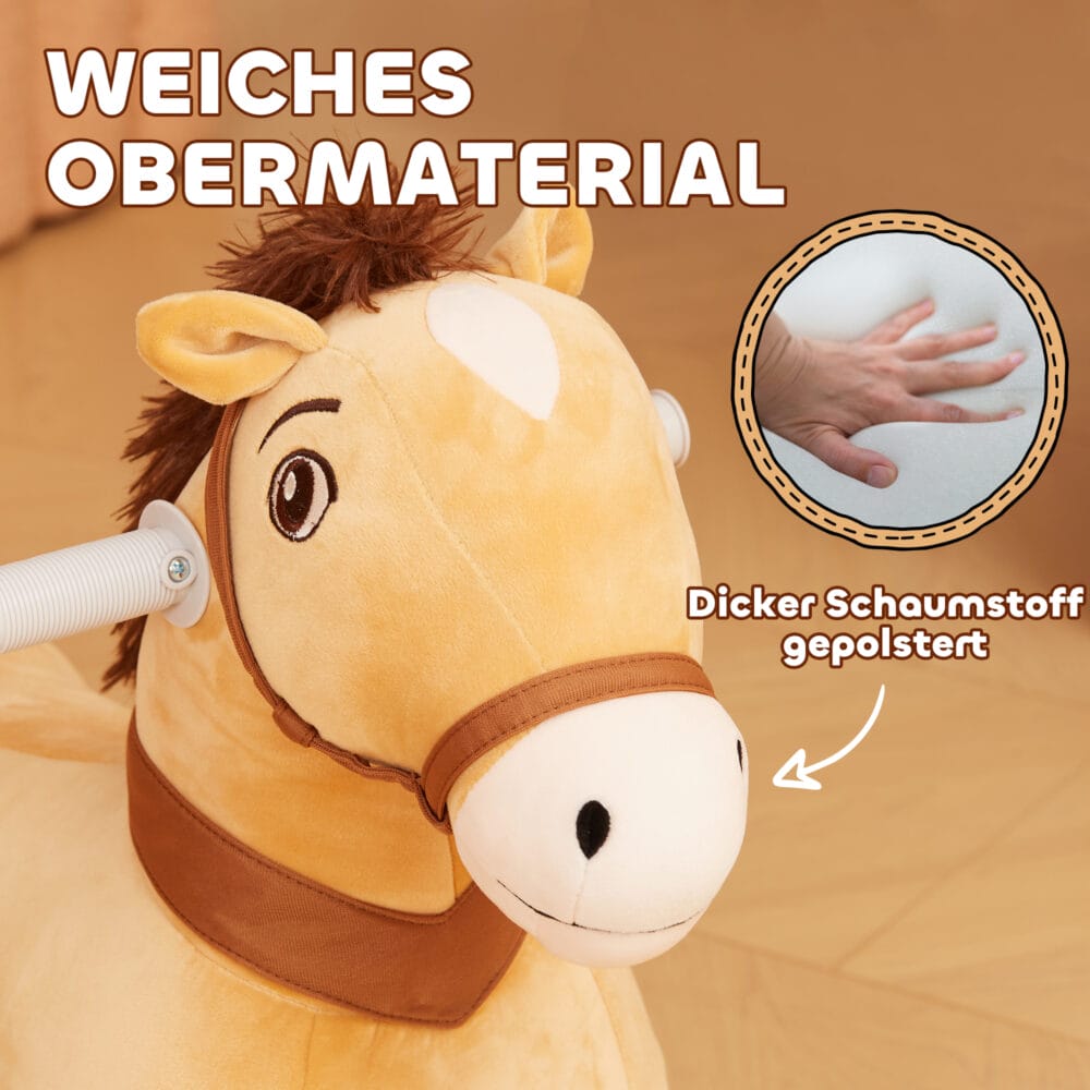 Braunes Kinder-Elektroauto in Pferdform, 6V und 2 km/h schnell, ideal für 1.5-3 Jahre. Ein bezauberndes Spielzeug für fantasievolle Ausritte.
