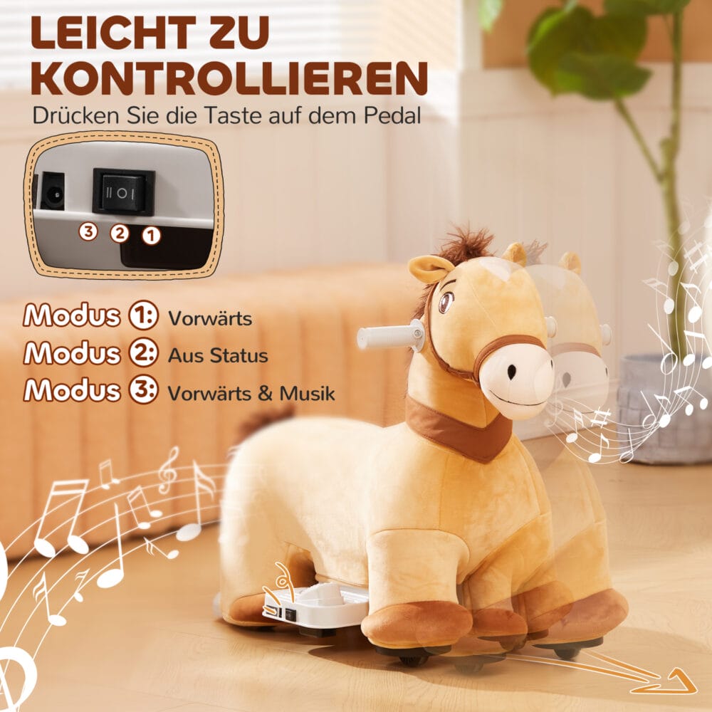 Braunes Kinder-Elektroauto in Pferdform, 6V und 2 km/h schnell, ideal für 1.5-3 Jahre. Ein bezauberndes Spielzeug für fantasievolle Ausritte.