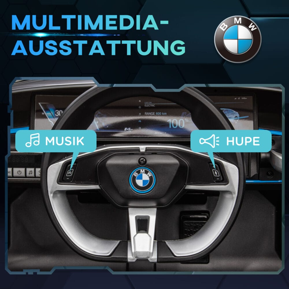 Schwarzes Elektrofahrzeug für Kinder mit MP3-Player und einer Höchstgeschwindigkeit von 5 km/h. Ein modernes Kinderfahrzeug für Spiel und Spass.