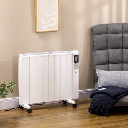 Eine weisse Elektroheizung und Heizgerät mit 2000W Leistung und Fernbedienung.