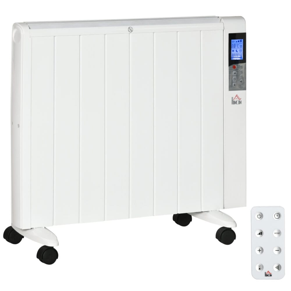 Eine weisse Elektroheizung und Heizgerät mit 2000W Leistung und Fernbedienung.