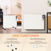 Eine weisse Elektroheizung und Heizgerät mit 2000W Leistung und Fernbedienung.