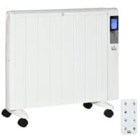 Eine weisse Elektroheizung und Heizgerät mit 2000W Leistung und Fernbedienung.