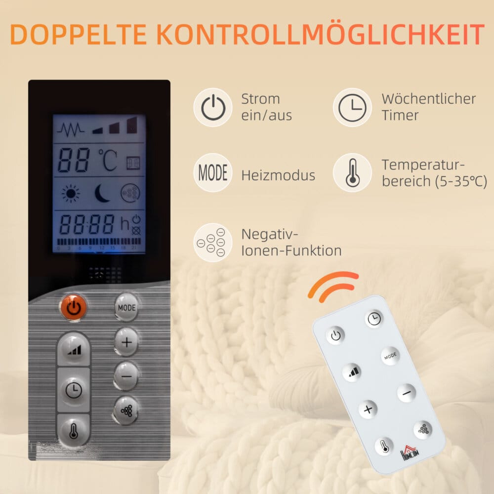 Eine weisse Elektroheizung und Heizgerät mit 2000W Leistung und Fernbedienung.