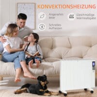 Eine weisse Elektroheizung und Heizgerät mit 2000W Leistung und Fernbedienung.
