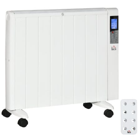 Eine weisse Elektroheizung und Heizgerät mit 2000W Leistung und Fernbedienung.