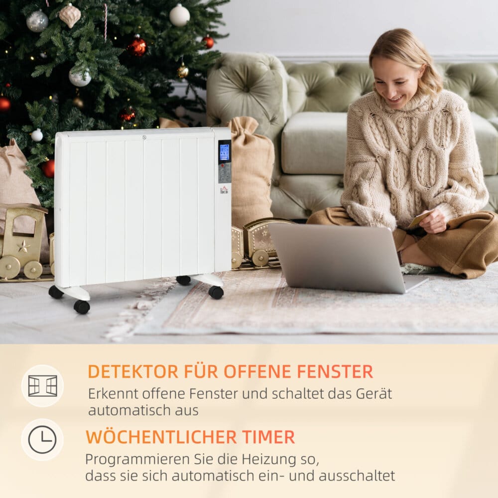 Eine weisse Elektroheizung und Heizgerät mit 2000W Leistung und Fernbedienung.