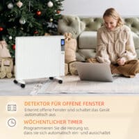 Eine weisse Elektroheizung und Heizgerät mit 2000W Leistung und Fernbedienung.