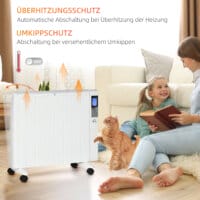 Eine weisse Elektroheizung und Heizgerät mit 2000W Leistung und Fernbedienung.