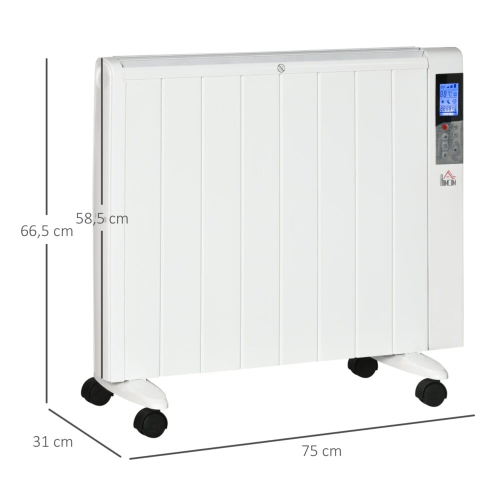 Eine weisse Elektroheizung und Heizgerät mit 2000W Leistung und Fernbedienung.
