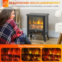 Ein schwarzer Elektrokamin und Standkamin mit 1800W Leistung, LED-Flammeneffekt und Überhitzungsschutz.