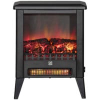 Ein schwarzer Elektrokamin und Standkamin mit 1800W Leistung, LED-Flammeneffekt und Überhitzungsschutz.
